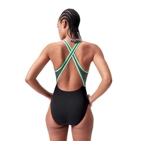 Womens High Neck Splice Cross Back Swimsuit Black Harlequin Green